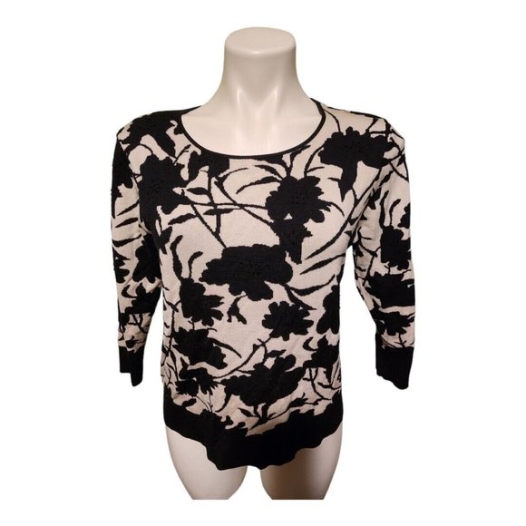 Oscar De La Renta White & Black Floral Silk Blend Beaded Sweater Petite Medium - Picture 1 of 14